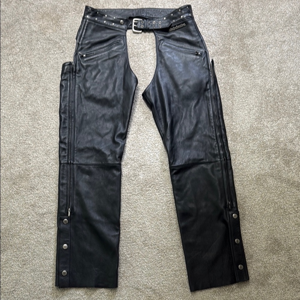 Harley Davidson XL Black Leather Chaps with Cinch Belt